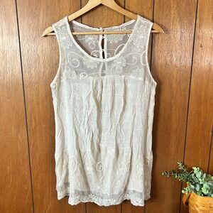 Sheer Embroidered Lace Tank Top Cream Boho Festival Sleeveless Tunic